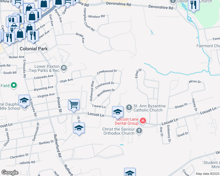 map of restaurants, bars, coffee shops, grocery stores, and more near 5226 Woodlawn Dr in Harrisburg