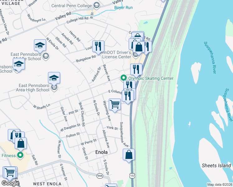 map of restaurants, bars, coffee shops, grocery stores, and more near 46 East Columbia Road in Enola