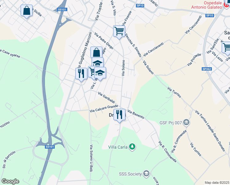 map of restaurants, bars, coffee shops, grocery stores, and more near 21 Via Beniamino Panzera in Lequile