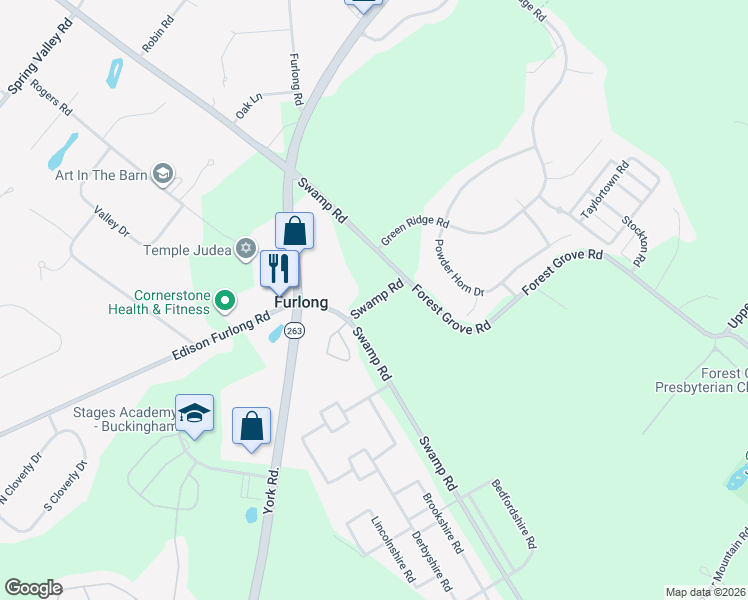 map of restaurants, bars, coffee shops, grocery stores, and more near 2385 Forest Grove Road in Furlong