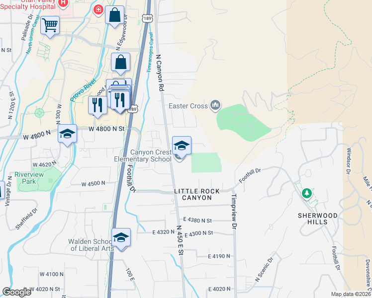 map of restaurants, bars, coffee shops, grocery stores, and more near 4664 North Canyon Road in Provo