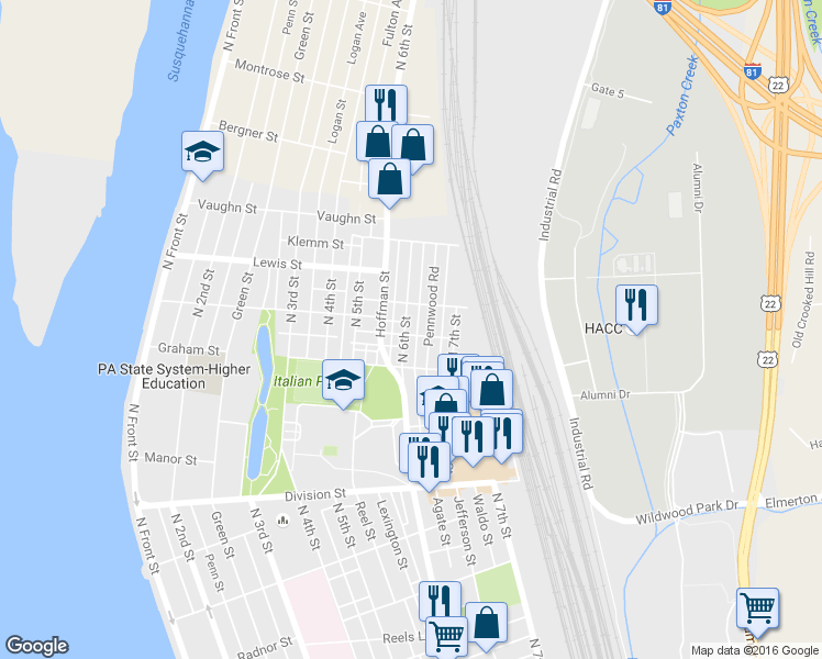 map of restaurants, bars, coffee shops, grocery stores, and more near 3105 North 6th Street in Harrisburg