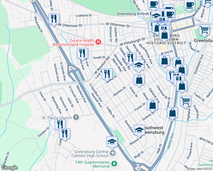 map of restaurants, bars, coffee shops, grocery stores, and more near 315 Hancock Avenue in Greensburg