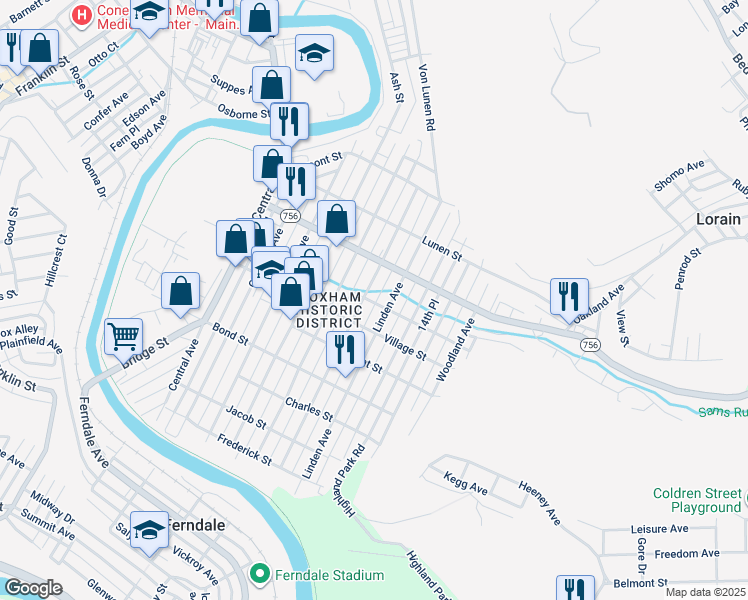 map of restaurants, bars, coffee shops, grocery stores, and more near 540 Highland Avenue in Johnstown