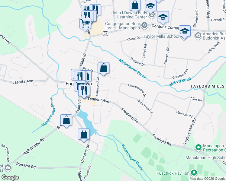 map of restaurants, bars, coffee shops, grocery stores, and more near 28 Hamilton Road in Englishtown