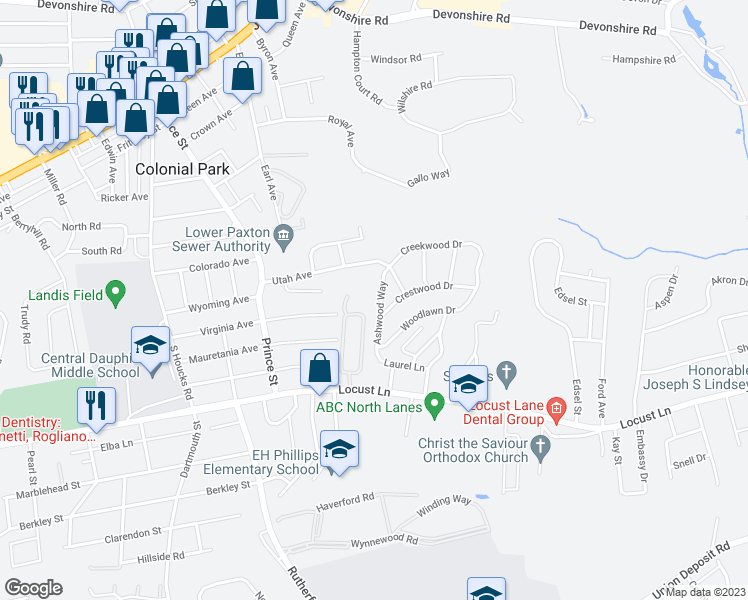 map of restaurants, bars, coffee shops, grocery stores, and more near 204 Ashwood Way in Harrisburg
