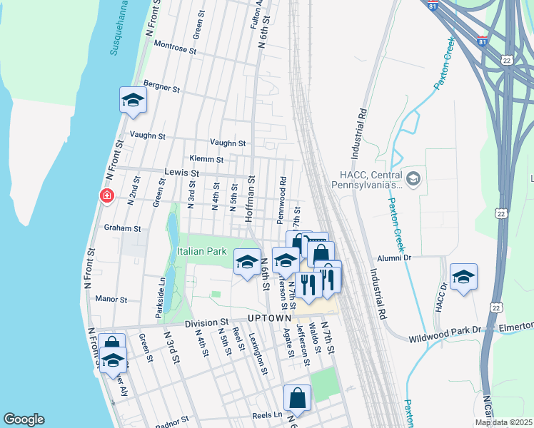 map of restaurants, bars, coffee shops, grocery stores, and more near 3105 North 6th Street in Harrisburg