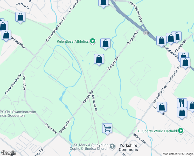 map of restaurants, bars, coffee shops, grocery stores, and more near 2810 Bergey Road in Hatfield