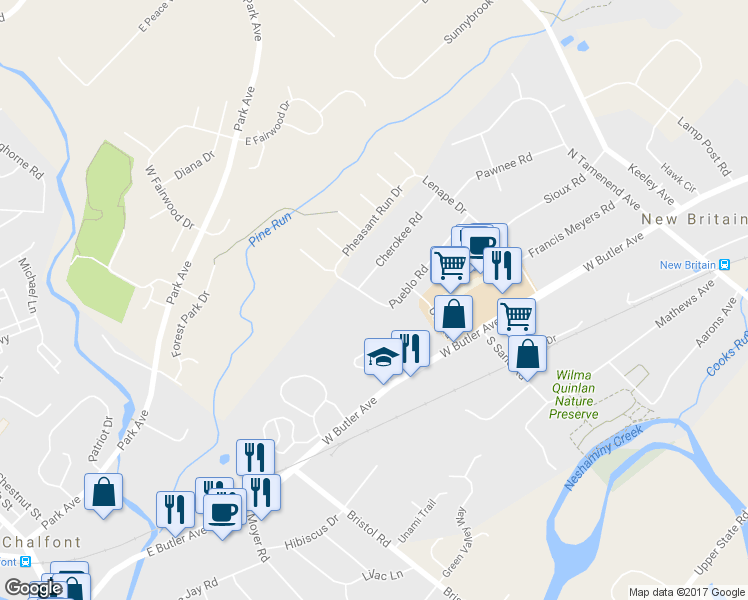 map of restaurants, bars, coffee shops, grocery stores, and more near 160 Pueblo Road in New Britain