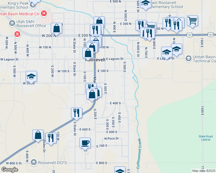 map of restaurants, bars, coffee shops, grocery stores, and more near 235 North 300 West in Roosevelt