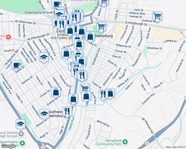 map of restaurants, bars, coffee shops, grocery stores, and more near 416 White Street in Greensburg