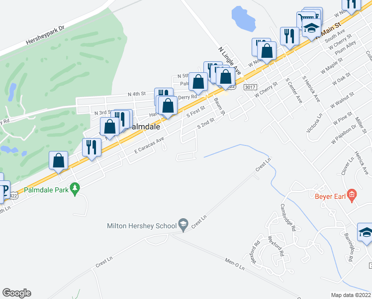 map of restaurants, bars, coffee shops, grocery stores, and more near 4 Hillcrest Drive in Hershey