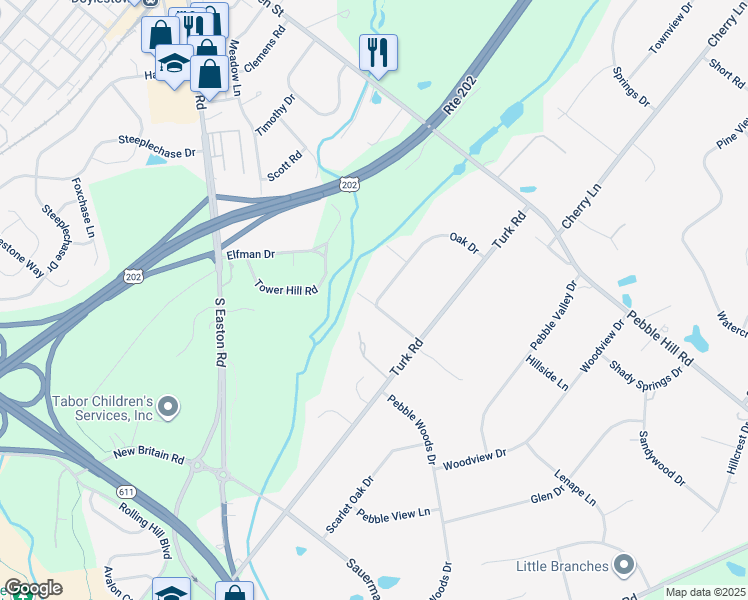 map of restaurants, bars, coffee shops, grocery stores, and more near 42 Pebble Woods Drive North in Doylestown