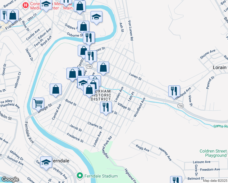 map of restaurants, bars, coffee shops, grocery stores, and more near 540 Highland Avenue in Johnstown