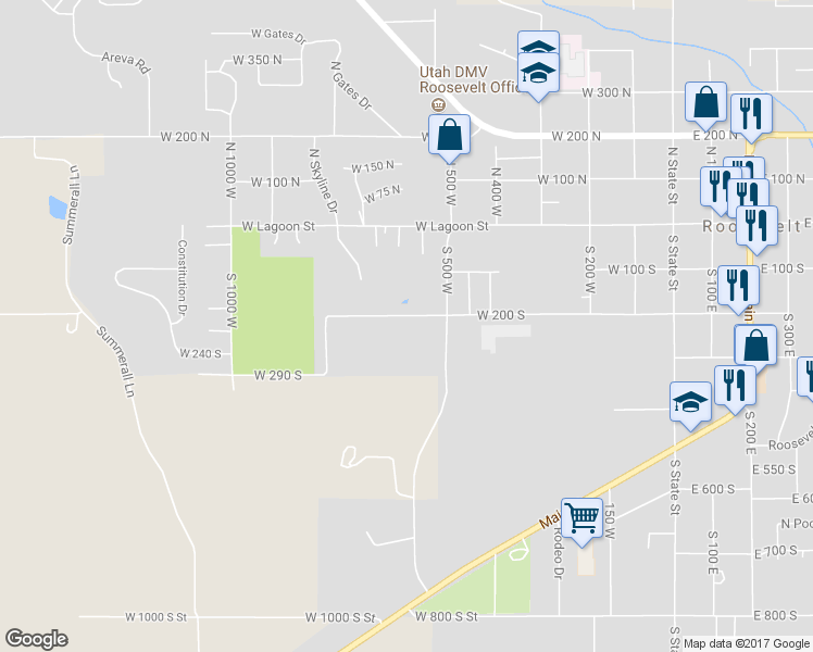 map of restaurants, bars, coffee shops, grocery stores, and more near 236 Country Hills Lane in Roosevelt