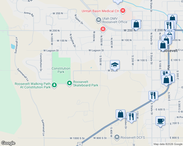 map of restaurants, bars, coffee shops, grocery stores, and more near 236 Country Hills Lane in Roosevelt