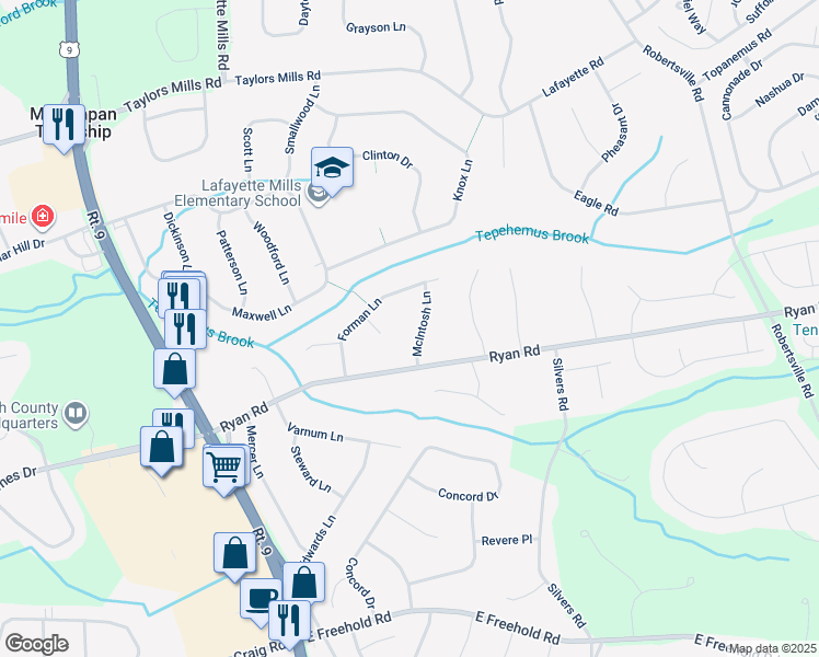 map of restaurants, bars, coffee shops, grocery stores, and more near 7 McIntosh Lane in Manalapan Township