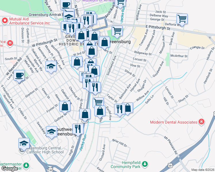 map of restaurants, bars, coffee shops, grocery stores, and more near 628 Highland Avenue in Greensburg