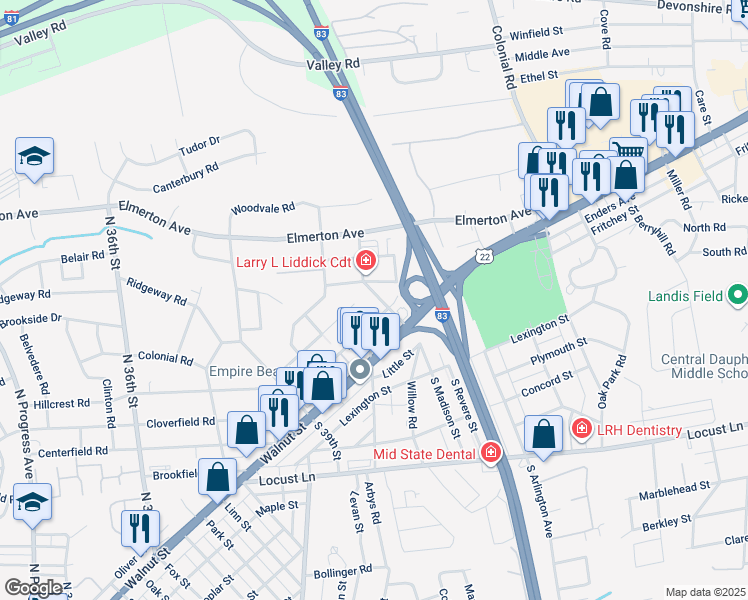 map of restaurants, bars, coffee shops, grocery stores, and more near 4004 Walnut Street in Harrisburg