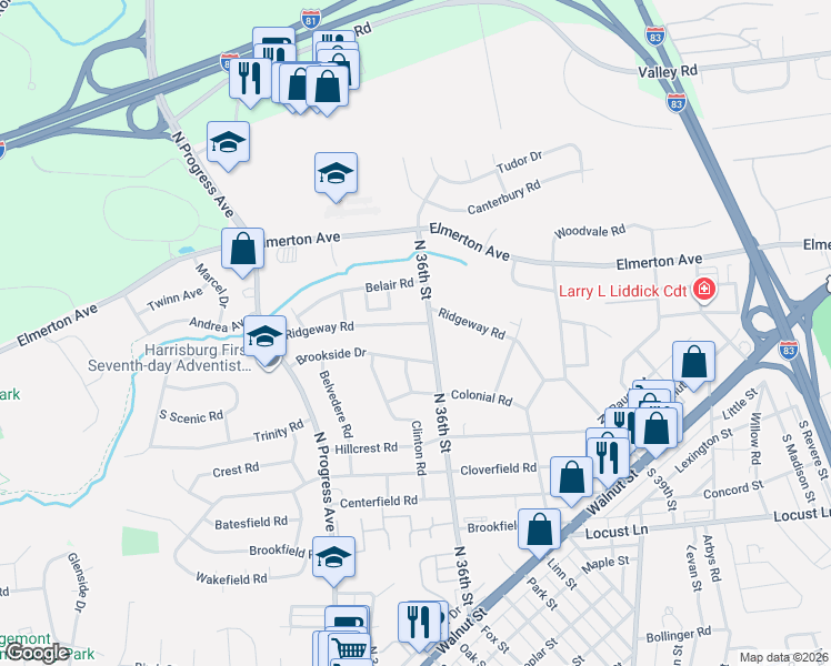 map of restaurants, bars, coffee shops, grocery stores, and more near 424 North 36th Street in Harrisburg
