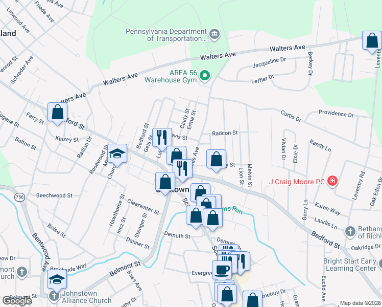 map of restaurants, bars, coffee shops, grocery stores, and more near 202 Nees Avenue in Johnstown