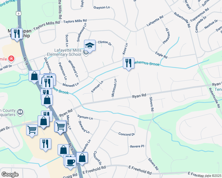 map of restaurants, bars, coffee shops, grocery stores, and more near 7 McIntosh Lane in Manalapan Township