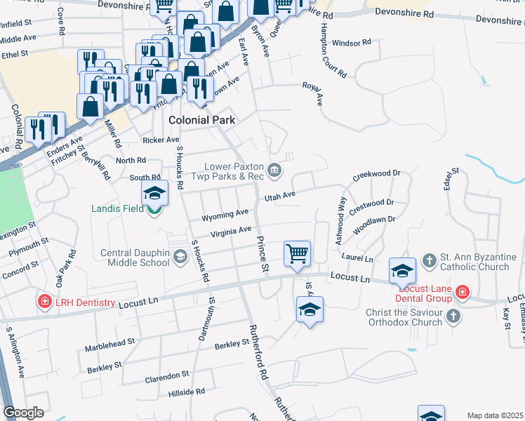 map of restaurants, bars, coffee shops, grocery stores, and more near 600 Prince Street in Harrisburg