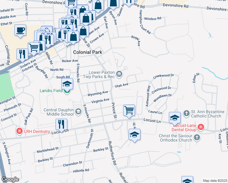 map of restaurants, bars, coffee shops, grocery stores, and more near 600 Prince Street in Harrisburg