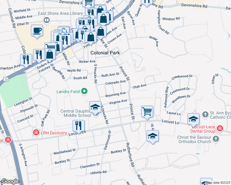 map of restaurants, bars, coffee shops, grocery stores, and more near 4916 Wyoming Avenue in Harrisburg