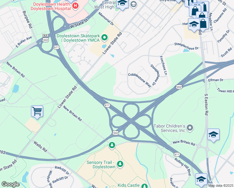 map of restaurants, bars, coffee shops, grocery stores, and more near 235 Tether Way in Doylestown