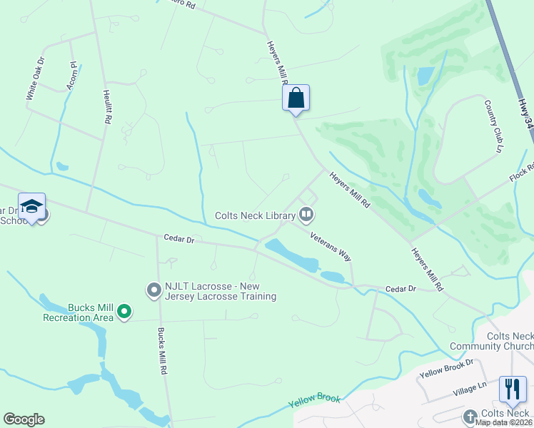 map of restaurants, bars, coffee shops, grocery stores, and more near 6 Shawnee Court in Colts Neck