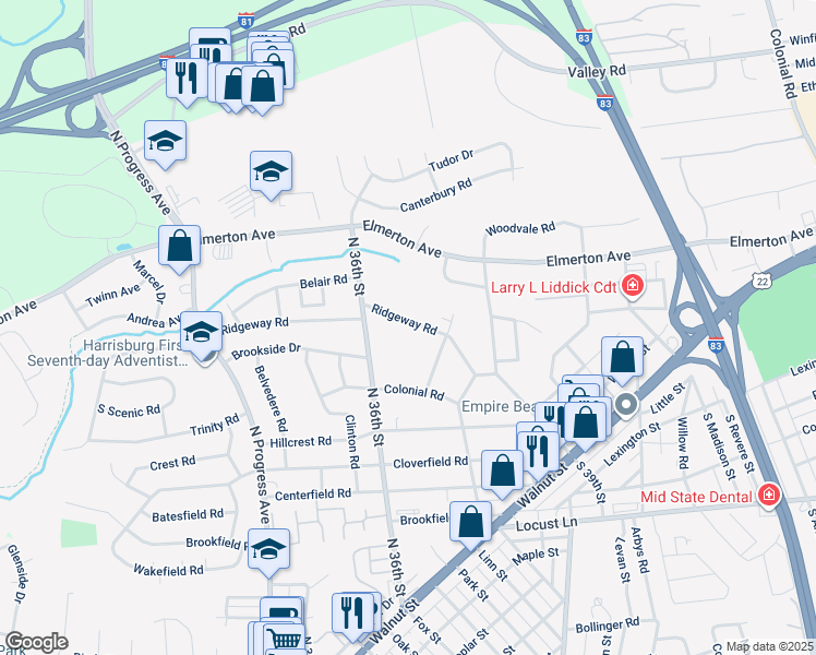 map of restaurants, bars, coffee shops, grocery stores, and more near 3609 Ridgeway Road in Harrisburg