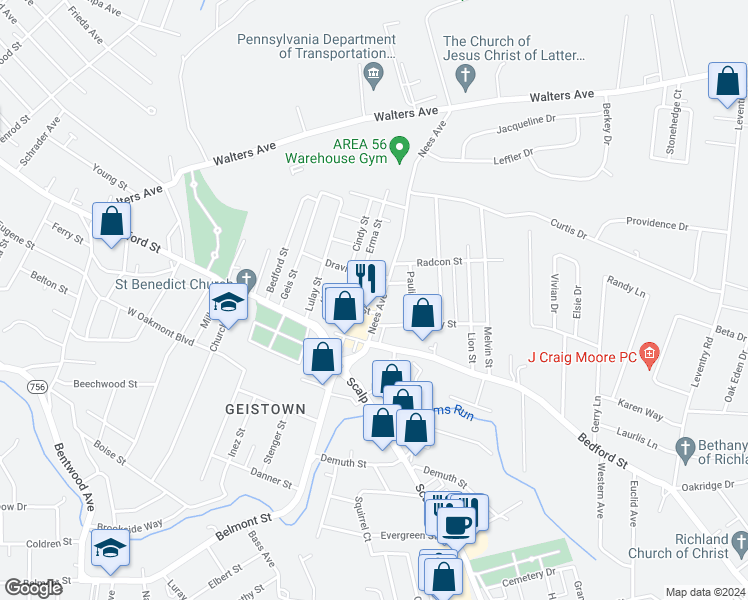 map of restaurants, bars, coffee shops, grocery stores, and more near 209 Nees Avenue in Johnstown