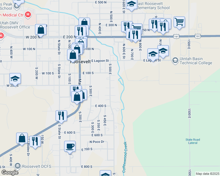 map of restaurants, bars, coffee shops, grocery stores, and more near 145 South 500 East in Roosevelt