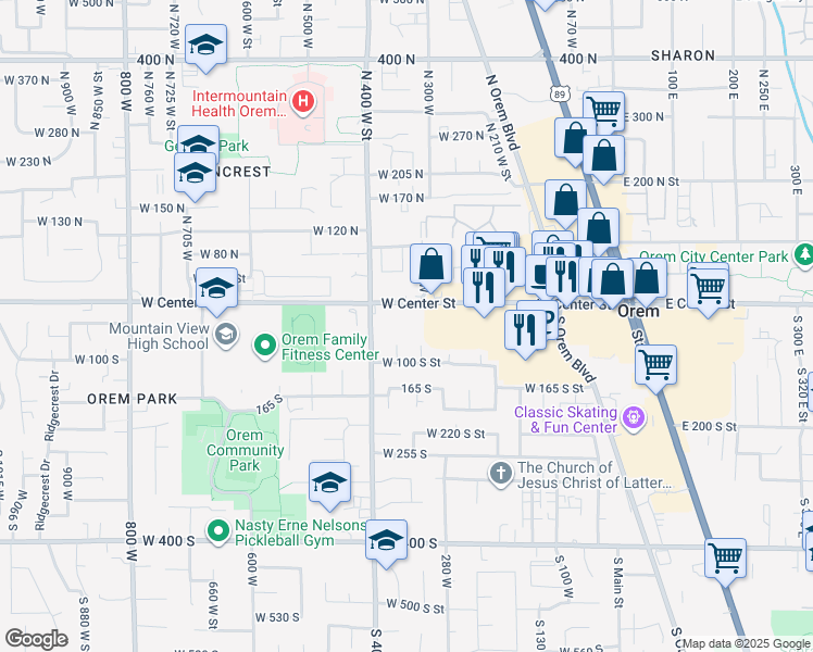map of restaurants, bars, coffee shops, grocery stores, and more near 325 West Center Street in Orem