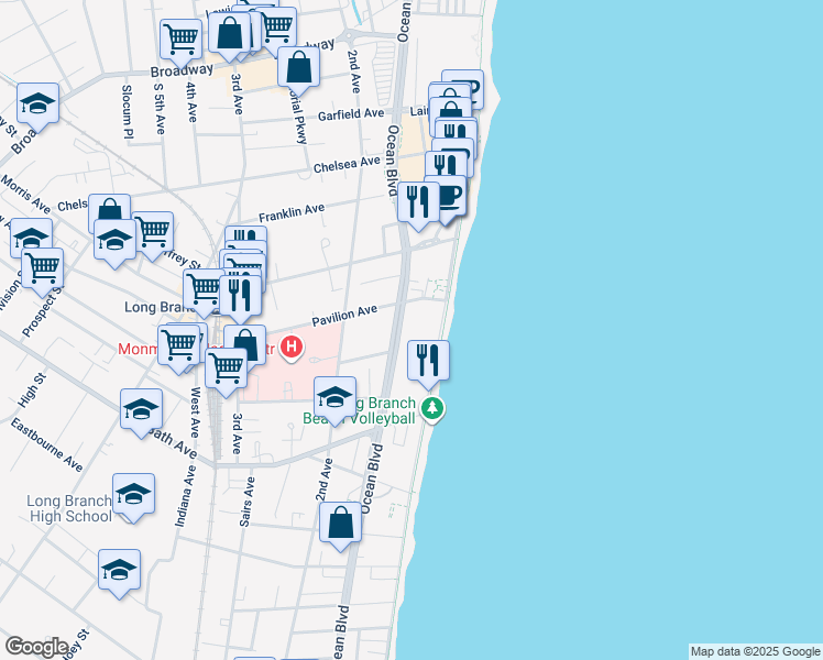 map of restaurants, bars, coffee shops, grocery stores, and more near 337 Ocean Boulevard in Long Branch