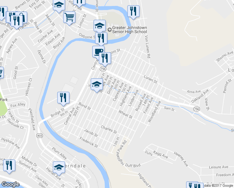 map of restaurants, bars, coffee shops, grocery stores, and more near 571 Cypress Avenue in Johnstown
