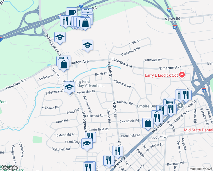 map of restaurants, bars, coffee shops, grocery stores, and more near 3525 Ridgeway Road in Harrisburg