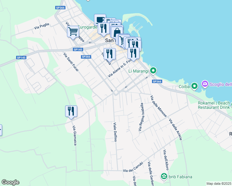map of restaurants, bars, coffee shops, grocery stores, and more near Strada Provinciale 366 in San Foca