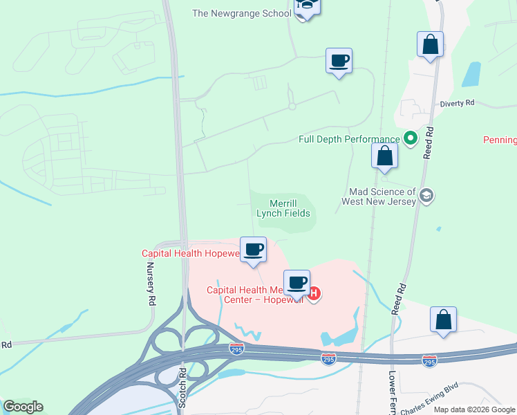 map of restaurants, bars, coffee shops, grocery stores, and more near 2500 Van Princis Lane in Pennington
