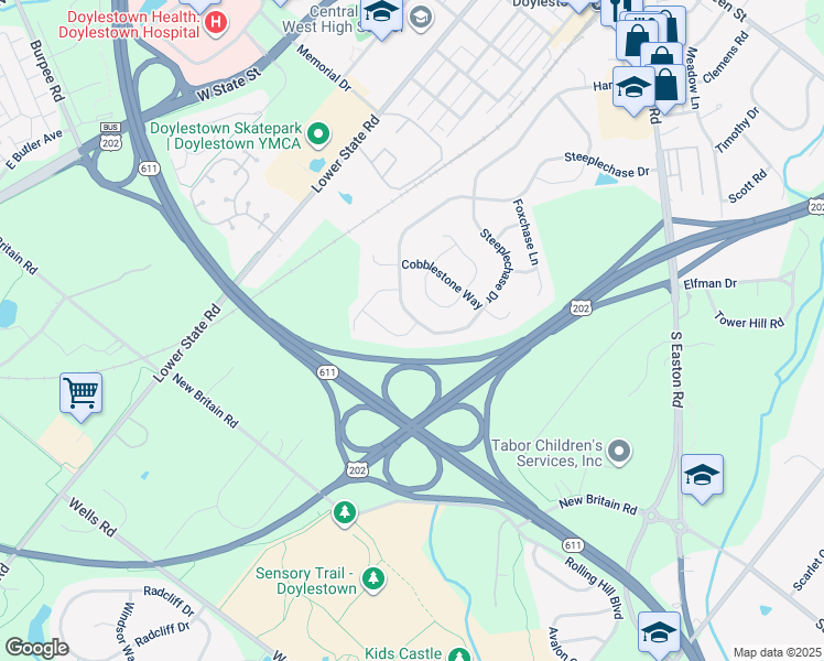 map of restaurants, bars, coffee shops, grocery stores, and more near 315 Hedgerow Lane in Doylestown