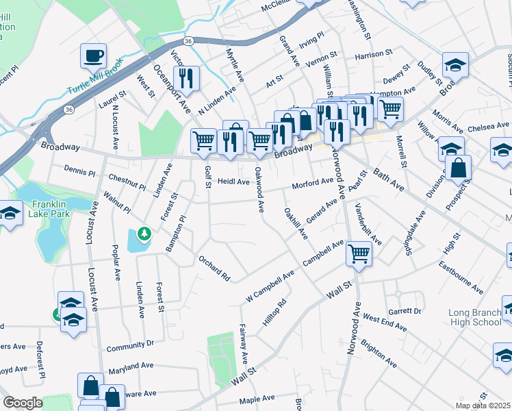 map of restaurants, bars, coffee shops, grocery stores, and more near 9 Primrose Lane in West Long Branch