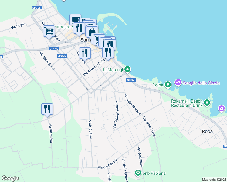 map of restaurants, bars, coffee shops, grocery stores, and more near 39 Via delle Ginestre in San Foca