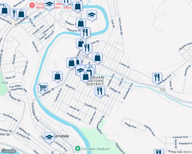 map of restaurants, bars, coffee shops, grocery stores, and more near 571 Cypress Avenue in Johnstown