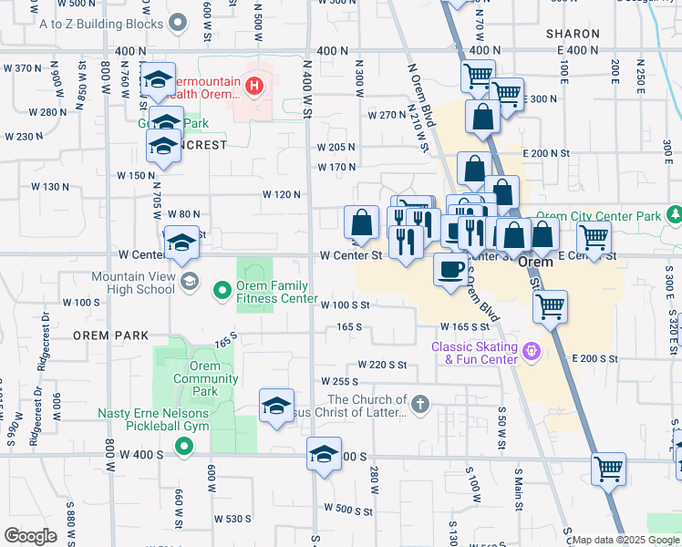 map of restaurants, bars, coffee shops, grocery stores, and more near 325 West Center Street in Orem