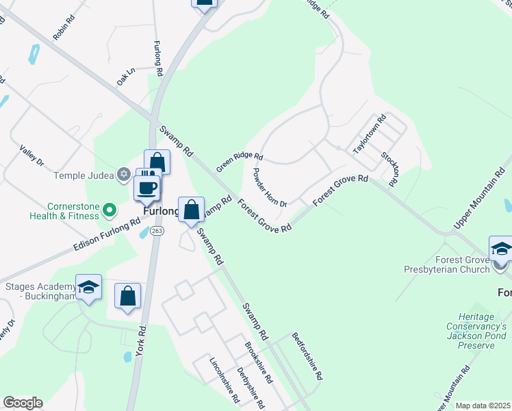 map of restaurants, bars, coffee shops, grocery stores, and more near 2299 Forest Grove Road in Furlong