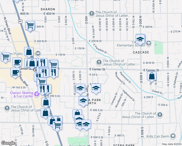 map of restaurants, bars, coffee shops, grocery stores, and more near 49 400 East in Orem