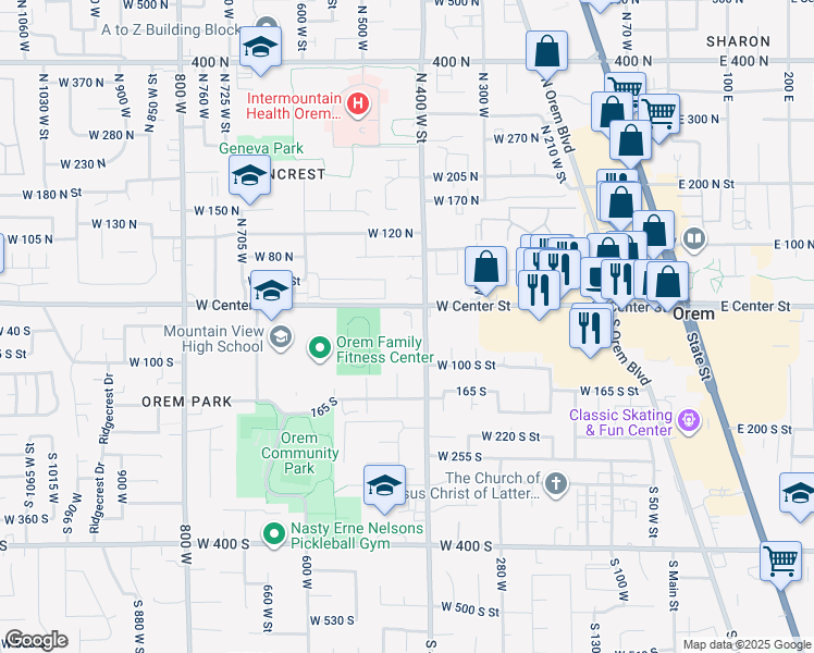 map of restaurants, bars, coffee shops, grocery stores, and more near 459 Center Street in Orem
