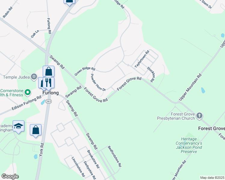 map of restaurants, bars, coffee shops, grocery stores, and more near 2299 Forest Grove Road in Furlong