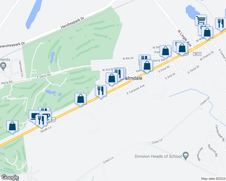 map of restaurants, bars, coffee shops, grocery stores, and more near 1226 East Chocolate Avenue in Hershey